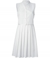 Work a sweet edge into your warm weather staples with Jil Sander Navys dotted daisy cotton shirtdress - Notched collar, sleeveless, partial button-down front, satin trim around the waist, full pleated skirt, hidden side zip, allover cut-out center dotted daisies - Tailored fit - Wear with peep-toes and a chain-detailed clutch