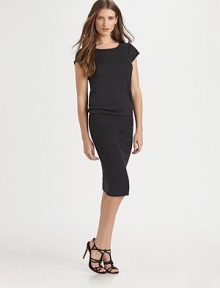 Luxe silk blends with cashmere in a effortless knit shift.Round neckShort sleevesBlouson bodiceDropped ribbed waistAbout 24 from natural waist86% silk/14% cashmereDry cleanImportedModel shown is 5'9 (175cm) wearing US size 4.