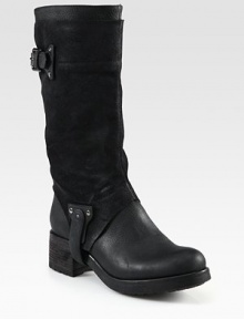 Buckle straps top this pebbled leather and suede silhouette, dripping with edgy style. Stacked heel, 2 (50mm)Stacked platform, ½ (15mm)Compares to a 1½ heel (40mm)Shaft, 11¾Leg circumference, 13½Leather and suede upperPull-on style with adjustable buckle strapsLeather liningRubber solePadded insoleImported