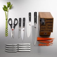 This 7 piece block set is exclusively at Bloomingdale's. It features authentic Japanese blade styles and eastern edge angles which combined with high carbon steel produce superior sharpness. It also features beautiful micarta handles. The set includes: kudamono knife (paring), shotoh knife (utility), santoku knife, gyutoh knife (chef's), kitchen shears, sharpening steel and bamboo block. This 7 piece block set is exclusively at Bloomingdale's. It features authentic Japanese blade styles and eastern edge angles which combined with high carbon steel produce superior sharpness. It also features beautiful micarta handles. The set includes: kudamono knife (paring), shotoh knife (utility), santoku knife, gyutoh knife (chef's), kitchen shears, sharpening steel and bamboo block.