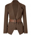 Stylish cutaway jacket made ​.​.of a wool-linen-nylon blend - In a beautiful shade of caramel - Fashionable, open lapel cut with narrow sleeves, pockets, emphasized shoulders and a waist belt - Mix of casual and professional you can wear to the office and for leisure - A style wonder that can be combined in so many ways, looks great with a pencil skirt, jeans, roll-up pants