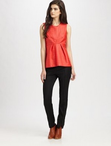 Lightly textured, cotton-rich tank has a pleated, peplum-like front. RoundneckSleevelessFront pleatingInvisible back zipper89% cotton/11% viscoseDry cleanMade in USA of Italian fabricModel shown is 5'10 (177cm) wearing US size 2. Lightly textured, cotton-rich tank has a pleated, peplum-like front. RoundneckSleevelessFront pleatingInvisible back zipper89% cotton/11% viscoseDry cleanMade in USA of Italian fabricModel shown is 5'10 (177cm) wearing US size 2.