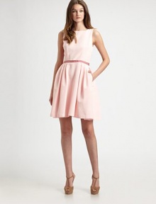 Pretty cotton faille in a feminine, full-skirted silhouette accented with braided velvet trim at the waist.BoatneckSleevelessBust dartsVelvet braid trim at waistSide slash pocketsConcealed back zipFully linedAbout 21 from natural waist58% cotton/42% acetateDry cleanMade in USAModel shown is 5'10 (177cm) wearing US size 2. 