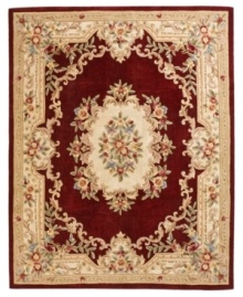 Modeled after 17th century Aubusson rugs, the Jade area rug offers a traditional floral motif in a contemporary burgundy and ivory colorway. Crafted of rich wool. Modeled after 17th century Aubusson rugs, the Jade area rug offers a traditional floral motif in a contemporary burgundy and ivory colorway. Crafted of rich wool.