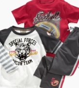 From Nannette: Three pieces of sturdy, sporty activewear that stand up to your little tough guy. Short-sleeved Football Legends T-Shirt; Layered-look, long-sleeved Special Forces Recon Team T-Shirt; Elastic waist, pull-on track pants.
