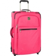 You're flying with the standout style and ultra lightweight construction of this versatile upright. The chic exterior features embossed crocodile trim and opens to reveal an expandable, roomy compartment lined in a signature lion's mane print. 10-year warranty. (Clearance)