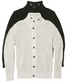 Create your unique style with this button down cardigan with front pockets by Guess Jeans. Create your unique style with this button down cardigan with front pockets by Guess Jeans.