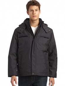 THE LOOKLayered stand-up collarDetachable zip hood with drawstring and snap closure and quilted interiorConcealed front zip closure with exposed snap closureLong sleevesChest zip pocketsSide slash pocketsInterior zip pocketInterior slash button phone pocketRemovable liner doubles as a separate jacketWool & cashmere trim on liner Waterproof and windproofTHE FITAbout 37 from shoulder to hemTHE MATERIALShell: NylonLiner: 50%