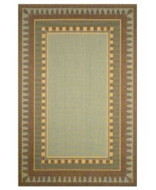 Indoors or out, this versatile rug makes every environment more inviting. Designed for use in high-traffic rooms or fashionable outdoor patios, this attractive piece takes a classic border design and updates it with distinctive lines and fresh aqua hues. UV-stabilized to resist fading. Indoors or out, this versatile rug makes every environment more inviting. Designed for use in high-traffic rooms or fashionable outdoor patios, this attractive piece takes a classic border design and updates it with distinctive lines and fresh aqua hues. UV-stabilized to resist fading.