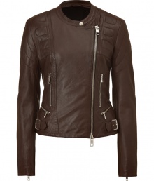 Supple leather and a flattering feminine cut adds stylish depth to this chic motorcycle-inspired leather jacket from Closed - Stand collar, asymmetrical side zip closure, multiple zip pockets, buckle detailing at waist - Quilted details at shoulder, arms, and back peplum, zipper cuffs, slim fit - Style with high-waisted skinny jeans, a high-low hem tee, and peep-toe booties Supple leather and a flattering feminine cut adds stylish depth to this chic motorcycle-inspired leather jacket from Closed - Stand collar, asymmetrical side zip closure, multiple zip pockets, buckle detailing at waist - Quilted details at shoulder, arms, and back peplum, zipper cuffs, slim fit - Style with high-waisted skinny jeans, a high-low hem tee, and peep-toe booties
