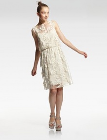 Sheer lace overlay adds a feminine nuance to this shapely blouson sheath.BoatneckSleevelessBlouson bodiceElastic waistSlip liningKeyhole back overlayCenter back zipperAbout 22 from natural waistSelf; 50% cotton/50% nylonLining; 93% silk/7% spandexDry cleanImportedModel shown is 5'10 (177cm) wearing US size Small. Sheer lace overlay adds a feminine nuance to this shapely blouson sheath.BoatneckSleevelessBlouson bodiceElastic waistSlip liningKeyhole back overlayCenter back zipperAbout 22 from natural waistSelf; 50% cotton/50% nylonLining; 93% silk/7% spandexDry cleanImportedModel shown is 5'10 (177cm) wearing US size Small.