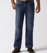 Essential classic-fitting jean with standard-rise belted waist, zip fly with signature shank, straight leg.