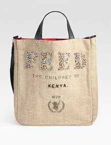 Each FEED 2 Kenya Bag is handcrafted in Kenya by a co-op of women and deaf Kenyans. Not only does this purchase support Kenyan artisans, but the donation also provides school meals to two children in Kenya for one year through the UN Wold Food Programme (WFP).