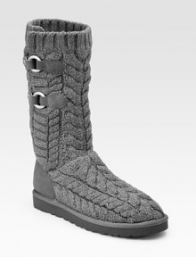 Twisted cotton cable-knit with a ribbed cuff, backed by a velvety suede heel. Shaft, 11Leg circumference, 13Cable-knit cotton and suede upperSide snaps and metal ring closuresShearling sock linerFoam solePadded insoleImported Twisted cotton cable-knit with a ribbed cuff, backed by a velvety suede heel. Shaft, 11Leg circumference, 13Cable-knit cotton and suede upperSide snaps and metal ring closuresShearling sock linerFoam solePadded insoleImported
