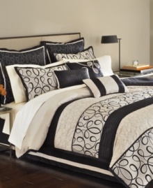 Martha Stewart Collection's Manuscript comforter set writes a stylish story with elegant loops and swirls inspired by ornate calligraphy. Matching accent pillows add a decorator's touch, while the serene palette of black and cream coordinates beautifully with modern and traditional rooms alike. Martha Stewart Collection's Manuscript comforter set writes a stylish story with elegant loops and swirls inspired by ornate calligraphy. Matching accent pillows add a decorator's touch, while the serene palette of black and cream coordinates beautifully with modern and traditional rooms alike.
