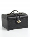 Secure and transport your favorite trinkets in this stylish imitation-leather jewelry box. Two side-by-side trays, an additional travel-ready folding tray and pendant hooks provide plenty of storage space. Try on each piece in a leather-framed mirror.