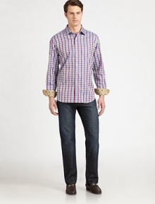 This colorful plaid design has contrast trim on the turn-back cuffs for an unexpected update.Point collar Button front Long sleeves with button cuffsCottonDry cleanImported This colorful plaid design has contrast trim on the turn-back cuffs for an unexpected update.Point collar Button front Long sleeves with button cuffsCottonDry cleanImported