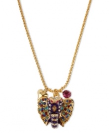 Pretty pachyderms. This Betsey Johnson pendant necklace showcases a colorful elephant with crystal accents, fuchsia crystal accents and a gold tone bubble heart. Crafted in antiqued gold tone mixed metal. Approximate length: 16 inches + 3-inch extender. Approximate drop: 1-1/4 inches. Pretty pachyderms. This Betsey Johnson pendant necklace showcases a colorful elephant with crystal accents, fuchsia crystal accents and a gold tone bubble heart. Crafted in antiqued gold tone mixed metal. Approximate length: 16 inches + 3-inch extender. Approximate drop: 1-1/4 inches.