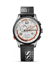 HUGO BOSS' Regatta chronograph features a countdown function, racing chronograph function, and an alarm. A logo printed strap lends a signature finish.