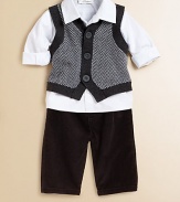 He'll be ready for anything in this dressy outfit, featuring a woven shirt, herringbone-knit vest and cozy corduroy pants. Shirt Point collarButton frontLong sleeves with rolled cuffs Vest Button frontRibbed trim Pants Pull-on styleCottonMachine washImported Please note: Number of buttons may vary depending on size ordered. 