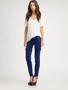 Skinny interpretation of the classic, stretch-cotton cargo style, finished with zippered pockets and cuffs. THE FITMedium rise, about 8Inseam, about 29THE DETAILSZip flyZippered slash pockets; cargo pocketsBack besom pocketsZippered cuffs98% cotton/2% LycraMachine washMade in USA of imported fabricModel shown is 5'11 (178cm) wearing US size 4. Skinny interpretation of the classic, stretch-cotton cargo style, finished with zippered pockets and cuffs. THE FITMedium rise, about 8Inseam, about 29THE DETAILSZip flyZippered slash pockets; cargo pocketsBack besom pocketsZippered cuffs98% cotton/2% LycraMachine washMade in USA of imported fabricModel shown is 5'11 (178cm) wearing US size 4.