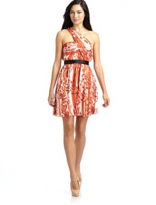 THE LOOKOne semi-sheer shoulderAllover animal printSolid trim at waistFully linedSide zip closureTHE FITAbout 34 from shoulder to hemTHE MATERIALSilkLining: 96% polyester/4% spandexCARE & ORIGINDry cleanImported THE LOOKOne semi-sheer shoulderAllover animal printSolid trim at waistFully linedSide zip closureTHE FITAbout 34 from shoulder to hemTHE MATERIALSilkLining: 96% polyester/4% spandexCARE & ORIGINDry cleanImported