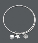 Be charmed by this adorable Studio Silver style. Two sterling silver bangles are held together by three, unique charms including a star, and two circle charms. Approximate diameter: 2-1/2 inches.