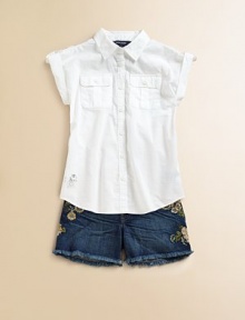 Shoulder epaulets and bellow pockets give a utility feel to this modern knit for fun summer style.Pointed collarShort sleeves with roll-tab cuffsFront buttonButton-through bellow pocketsRuffled hemCottonMachine washImported Please note: Number of buttons may vary depending on size ordered. 
