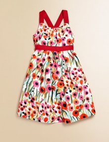 In cotton sateen with a painterly floral pattern and adorable grosgrain trim, this cross-back party dress is a must-have for stylish little ones.Spaghetti straps, cross at backGathered necklineConcealed back-zip closureGathered waist with grosgrain trimHem falls above kneeCottonDry cleanMade in USA of Italian fabrics