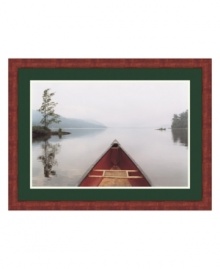Go with the flow. The tip of a canoe sets your course through a tree-lined lake while heavy mist conceals the horizon, uniting water and sky. A mahogany frame complements the boat's burnt-sienna interior. Hang in any room for a therapeutic, calming effect. Go with the flow. The tip of a canoe sets your course through a tree-lined lake while heavy mist conceals the horizon, uniting water and sky. A mahogany frame complements the boat's burnt-sienna interior. Hang in any room for a therapeutic, calming effect.