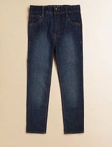 A classic pair of five-pocket jeans in a faded dark-wash with top-stitched pockets in a straight-leg silhouette.Front button closureAdjustable waistband with belt loopsZip flyFive-pocket styleCottonMachine washImported A classic pair of five-pocket jeans in a faded dark-wash with top-stitched pockets in a straight-leg silhouette.Front button closureAdjustable waistband with belt loopsZip flyFive-pocket styleCottonMachine washImported