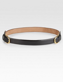 Supple glazed nubuck leather accents the waist with two shiny goldtone brass buckles.Width, about 1Made in the USAOUR FIT MODEL RECOMMENDS ordering one size up as this style runs small. Supple glazed nubuck leather accents the waist with two shiny goldtone brass buckles.Width, about 1Made in the USAOUR FIT MODEL RECOMMENDS ordering one size up as this style runs small.