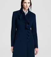 Opt for a feminine layer rich with ruffles. This DKNY coat is a lovely new-season choice, polished for client calls and refined for social events.