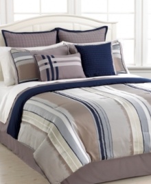 Calm, cool and collected. This jacquard woven La Fauburg comforter set offers modern stripes and distinct textures in a soothing palette of blues, greys and tans. Coordinating bedskirt, European shams and decorative pillows complete this decidedly serene atmosphere. Calm, cool and collected. This jacquard woven La Fauburg comforter set offers modern stripes and distinct textures in a soothing palette of blues, greys and tans. Coordinating bedskirt, European shams and decorative pillows complete this decidedly serene atmosphere.