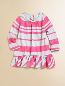 Spirited stripes on soft knit, simply styled with a straight shape and a feminine wide ruffle at the hem.Scoop neckline with center gathersLong sleevesStraight shapeKeyhole button back closeRuffled hem50% cotton/50% micro modalMachine washImported Spirited stripes on soft knit, simply styled with a straight shape and a feminine wide ruffle at the hem.Scoop neckline with center gathersLong sleevesStraight shapeKeyhole button back closeRuffled hem50% cotton/50% micro modalMachine washImported
