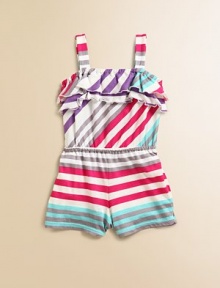 Stripes and ruffles add girly pizazz to a cute and cozy one-piece outfit.Ruffled elastic necklineSleevelessPull-on styleElastic waist96% rayon/4% spandexMachine washImported Stripes and ruffles add girly pizazz to a cute and cozy one-piece outfit.Ruffled elastic necklineSleevelessPull-on styleElastic waist96% rayon/4% spandexMachine washImported
