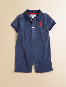The iconic polo shortall is updated in ultra-soft and plush terrycloth and accented with big pony embroidery.Ribbed polo collarShort sleevesFront button placketBottom snapsCottonMachine washImported Please note: number of snaps may vary depending on size ordered. The iconic polo shortall is updated in ultra-soft and plush terrycloth and accented with big pony embroidery.Ribbed polo collarShort sleevesFront button placketBottom snapsCottonMachine washImported Please note: number of snaps may vary depending on size ordered.