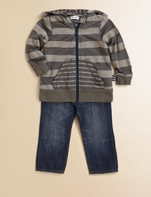 Stylish stripes and handy pockets make this every day knit a stylish must-have.Attached hoodFront zipLong sleevesRib-knit cuffs and bottom bandSplit kangaroo pocket50% polyester/25% supima cotton/25% modalMachine washImported
