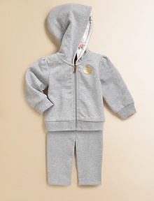 She might not be ready for the track but your little girl will be comfy and warm in this pretty set with lots of Juicy touches.Hood with floral print liningZip front with J pullGold crown chest imprintRibbed cuffs and waistBack floral JC screenElastic waist pantsCotton/polyesterMachine washImported She might not be ready for the track but your little girl will be comfy and warm in this pretty set with lots of Juicy touches.Hood with floral print liningZip front with J pullGold crown chest imprintRibbed cuffs and waistBack floral JC screenElastic waist pantsCotton/polyesterMachine washImported