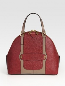 Rich pebbled leather mixes with ultra-smooth lambskin in this elegant domed silhouette. Double top handles, 5¾ dropTop zip closureProtective metal feetOne inside zip pocketOne inside open pocketLinen lining15½W X 13H X 6½DMade in Italy