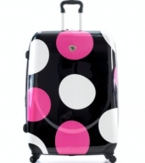 Easy to spot. Always spot on. This spunky, polka-dotted suitcase from Landor and Hawa offers high-impact hardside protection with the unique added convenience of an expandable main compartment. Getting around is a breeze too, aided by four multi-directional wheels that let you roll upright in every direction. Five-year limited warranty.