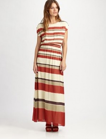 Deliciously lightweight with a draped blouson bodice, all in crisp engineered stripes.BoatneckGathered shouldersElastic waistbandCenter back zipperFully linedAbout 41 from natural waistPolyesterDry cleanImportedModel shown is 5'8½ (174cm) wearing US size Small.