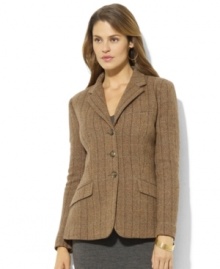 Channel classic equestrian styling with Lauren Ralph Lauren's classic wool tweed jacket, rendered in a three-button silhouette with flattering shaping seams. Channel classic equestrian styling with Lauren Ralph Lauren's classic wool tweed jacket, rendered in a three-button silhouette with flattering shaping seams.