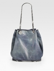An iridescent sheen highlights this faux suede carryall, framed with polished silvertone chains.Shoulder straps, 9 drop Magnetic snap closure One inside zip pocket One inside open pocket Nylon lining 17W X 12H X 7½D Polyester Made in Italy