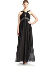 THE LOOKKeyhole neckline with beadingBodice has formed cupsEmpire waist with beadingAllover pleatingSide zip closureFully linedTHE FITAbout 60 from shoulder to hemTHE MATERIALPolyesterCARE & ORIGINDry cleanImported