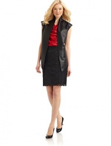 THE LOOKStand collar detailOpen-front styleCap sleevesAsymmetrical hemTHE FITAbout 31 from shoulder to the longest point of hemTHE MATERIALLamb leatherCARE & ORIGINDry clean by a leather specialistImportedModel shown is 5'11 (180cm) wearing US size Small. 
