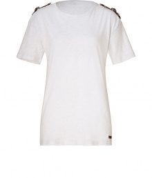 Luxe white m?lange tee from Burberry Brit - Add chic appeal to your wardrobe basics with this super stylish tee - Cool epaulet detail at shoulder, slim feminine cut, made of heather cotton - Pair with skinny jeans, a military-inspired jacket, and over-the-knee boots