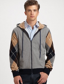 A weekend wardrobe essential receives the dapper style treatment, shaped in a superior blend of cotton and wool with a hint of stretch, as a classic argyle print pattern lines the hood and accents the sleeves.Zip frontAttached drawstring hoodSide slash pocketsRibbed knit cuffs and hem75% cotton/19% wool/6% elastaneDry cleanMade in Italy A weekend wardrobe essential receives the dapper style treatment, shaped in a superior blend of cotton and wool with a hint of stretch, as a classic argyle print pattern lines the hood and accents the sleeves.Zip frontAttached drawstring hoodSide slash pocketsRibbed knit cuffs and hem75% cotton/19% wool/6% elastaneDry cleanMade in Italy
