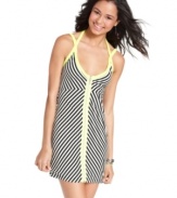 Gear-up for beach season in this hot frock from Four Stars! Strips of intense color add neon pop to a dress painted in chic, black-and-white stripes.