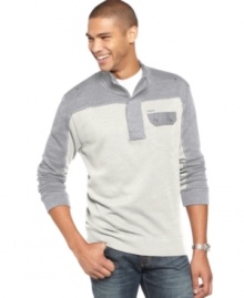 Rock the contrast. This sweater from Marc Ecko Cut & Sew updates a favorite with bold blocking. Rock the contrast. This sweater from Marc Ecko Cut & Sew updates a favorite with bold blocking.